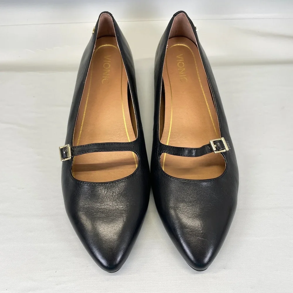 Vionic Delilah Mary Jane Shoes Womens Size 9.5 Black Leather Buckle Strap Flats